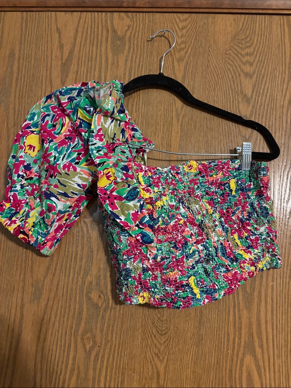 Zara Multi Floral One-Shoulder Smocked Crop Top - Pink/Green Multi Size S